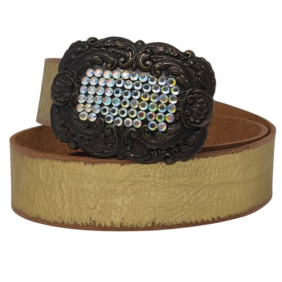 Fossil Gold Metallic Leather Belt with Scrolled Rhinestone Bling Buckle, Small - Picture 1 of 12